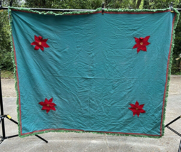 Vtg Retro Christmas Tablecloth Wool or blend Felt Handmade 74x63  Poinsettia 60s - £51.43 GBP