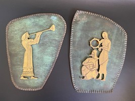 VTG Pair Israel Brass Verdigris Enamel Relief Instrument Players Wall Art Plaque - £136.89 GBP