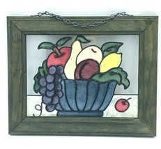 Suncatcher Hand Painted Fruit Bowl Stained Art Glass Framed 10&quot; - £21.64 GBP