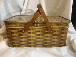 Vintage Metal Tin Picnic Bread Basket Box Wood Handles - £17.23 GBP