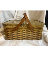 Vintage Metal Tin Picnic Bread Basket Box Wood Handles - £16.86 GBP