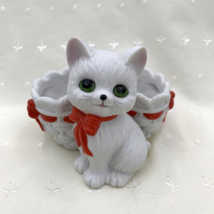 Lefton White Cat Basket Candle Holder Christmas Trinket Dish Planter 1985 Kitten - £14.23 GBP