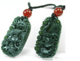 1 Pair Green HeTian Natural Carved Dragon Phoenix Lucky Amulet Pendants - $45.00