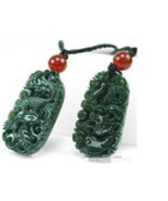 1 Pair Green HeTian Natural Carved Dragon Phoenix Lucky Amulet Pendants - $45.00