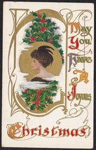 Art Nouveau Christmas Postcard ca. 1919 - Lovely Feather Hat Lady &amp; Holly - £9.76 GBP