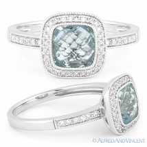 1.89ct Blue Topaz Round Cut Diamond Halo Pave Engagement Ring in 14k White Gold - £487.50 GBP