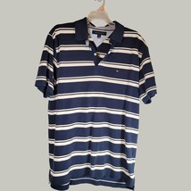 Tommy Hilfiger Mens Polo Shirt Large Blue White Striped Casual Embroidered - $13.67