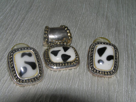 Estate DEMI Silver with Goldtone Bead Accent &amp; Black &amp; White Animal Print Cabs - £6.86 GBP