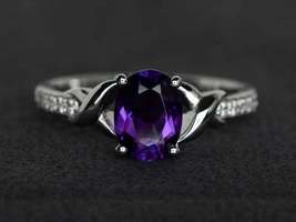 1.75Ct Oval Cut Amethyst &amp; Diamond Exclusive Wedding Ring 14k White Gold Finish - £83.60 GBP