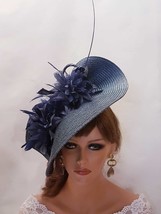 NAVY BLUE/GREY Blue Hat Fascinator large saucer hat long Quil Floral Church Derb - £68.21 GBP