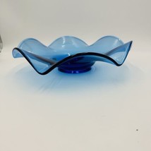 Viking Art Glass Bluenique Blue Ruffled 6 Petals Bowl 3in x 12in Rare MCM - $85.50