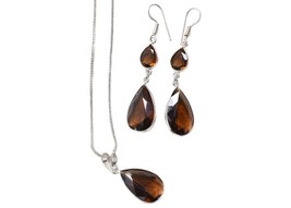 Sterling Silver Smoky Quartz Gemstone Hand Crafted Pendant Earrings Women Gift - £39.31 GBP