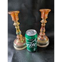 Set of 2 Amber Marigold Carnival Glass Candlestick Holder Iridescent 8.5... - $51.58
