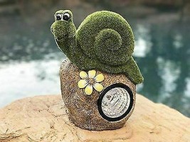Whimsical Flocked Grass Snail On Rock Garden Statue With Solar LED Light Decor - £31.96 GBP