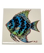 Art Studio Tile Blue Green Fish Ceramic Cork Artist MJ Square 4 inch Han... - $24.69