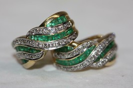 Fine 18K Yellow Gold Emerald and Diamond Figure 8 Crossover Earrings Omega Back - £1,302.99 GBP