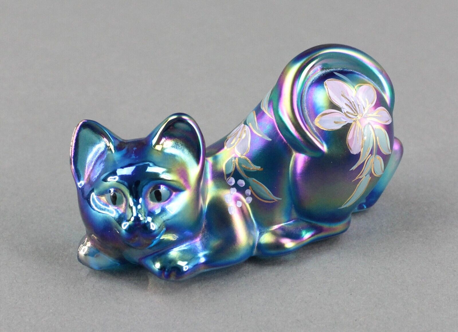 Fenton S. Hopkins Hand Painted Floral Blue Carnival Glass Pouncing Cat Figurine - $104.99
