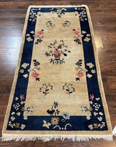 Antique Chinese Peking Rug 3x6 Beige Dark Blue Handmade Asian Wool Floral Carpet - £637.88 GBP