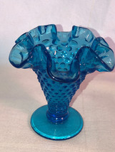 Fenton Teal Hobnail Small Ruffled Vase Four Inch Depression Glass - £11.79 GBP