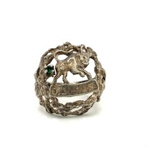 Vtg Signed  Sterling Carved Filigree Zodiac Symbol Taurus Green Stone Ring 6 3/4 - £35.03 GBP