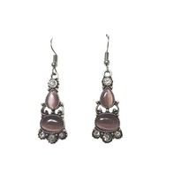 Vintage-Style Silver-Tone Dangle Earrings With Pink Cats Eye Stones &amp; Cr... - $19.80