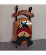 Snowman and Sled Greetings Sign  Colorful Wooden Hanging Holiday Decor - $17.37 CAD