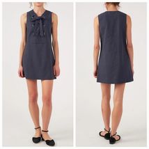 English Factory Womens Linen Lace-Up Front Closure Mini Dress Size M Navy - $48.51