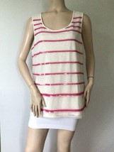 Coldwater Creek Sz.Xl Ivory 100% Cotton w/Pink Sequin Stripes Mesh Overlay Top - £15.99 GBP