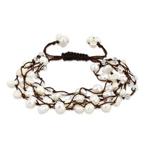 Boho Chic White Pearls &amp; Crystals Adjustable Rope Pull Slide Tribal Bracelet - £13.28 GBP