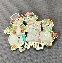 Vintage Christmas Brooch Snowman Family Enamel Holiday Silver-tone Pin Unsigned - £15.55 GBP