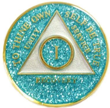 6 Year Aqua Glitter Tri-Plate Alcoholics Anonymous Medallion- AA Sobriet... - $17.81