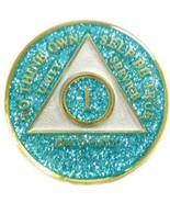 6 Year Aqua Glitter Tri-Plate Alcoholics Anonymous Medallion- AA Sobriet... - $17.81