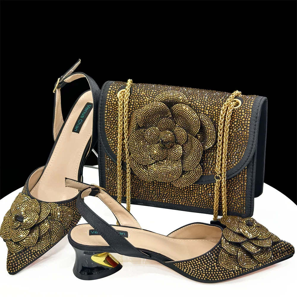 Pointed-Toe Large Flower Decoration Rhinestone Low Heel Italian Design Shoes and Item image 6