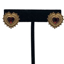 Vintage Gold-Tone Heart Clip-On Earrings With Red Glass Center Stone - $19.65