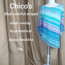 Chico&#39;s Size 1 Blue Color Striped Overlay Asymmetrical  Top - £11.00 GBP