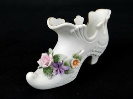 Lefton Porcelain Bisque Shoe Figurine, Vintage Decor, Ceramic Flowers, KW1204N - £15.62 GBP