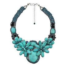 Turquoise Garden Pearl, Crystal, and Stone Floral Statement Necklace - £42.12 GBP
