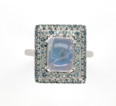 14k White Gold Rainbow Genuine Natural Moonstone Teal Sapphire Ring (#J6261) - £1,157.56 GBP