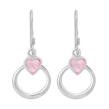Loving Pink Shell Inlay Heart Crowned Circles Sterling Silver Dangle Earrings - £11.80 GBP