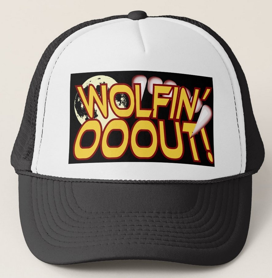 WOLFIN' OOOUT! Full Moon Werewolf Fangs Trucker Hat - Black