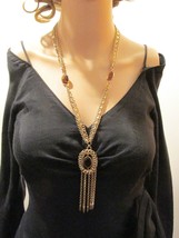 Triple Strand GoldTone Goldette Style Filigree Amber Rhinestone Tassels Necklace - £39.46 GBP