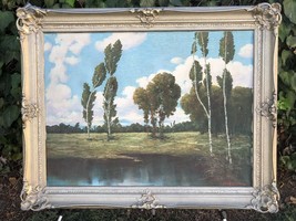 EDUARD ANGEN Original 1920s Oil on Canvas Modern Landscape w/ Pewter Gesso Frame - £2,749.78 GBP