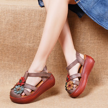Summer Wedges Genuine Leather Women&#39;s Sandals Ladies Casual With Flowers Shoes W - £76.22 GBP