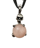 Silver Tone Metal Skeleton Holding Rose Quartz Stone Sphere Pendant Gothic - $8.99