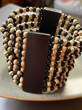 Wide Multiple Strand Black &amp; Tan Tin Wood Bead Stretch Bracelet – will fit - £11.88 GBP