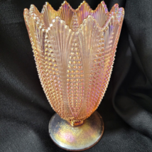 L E Smith 9&quot; Carnival Glass Pink Iridescent Corn Vase Beaded Sawtooth St... - £58.87 GBP