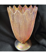 L E Smith 9&quot; Carnival Glass Pink Iridescent Corn Vase Beaded Sawtooth St... - £57.99 GBP