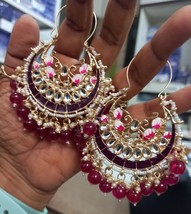 Bollywood Style Indian Kundan Enameled Maroon Red Bali Hoop Earrings Jewelry Set - £22.50 GBP