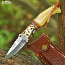 Damascus Folding Blade Pocket Knife - Outdoor Skinner- Engraved Bone Handle - $31.64