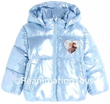 H&amp;M Disney Frozen Elsa Anna Blue Sparkle Prism Puffer Jacket Winter Coat Hoodie - £48.10 GBP